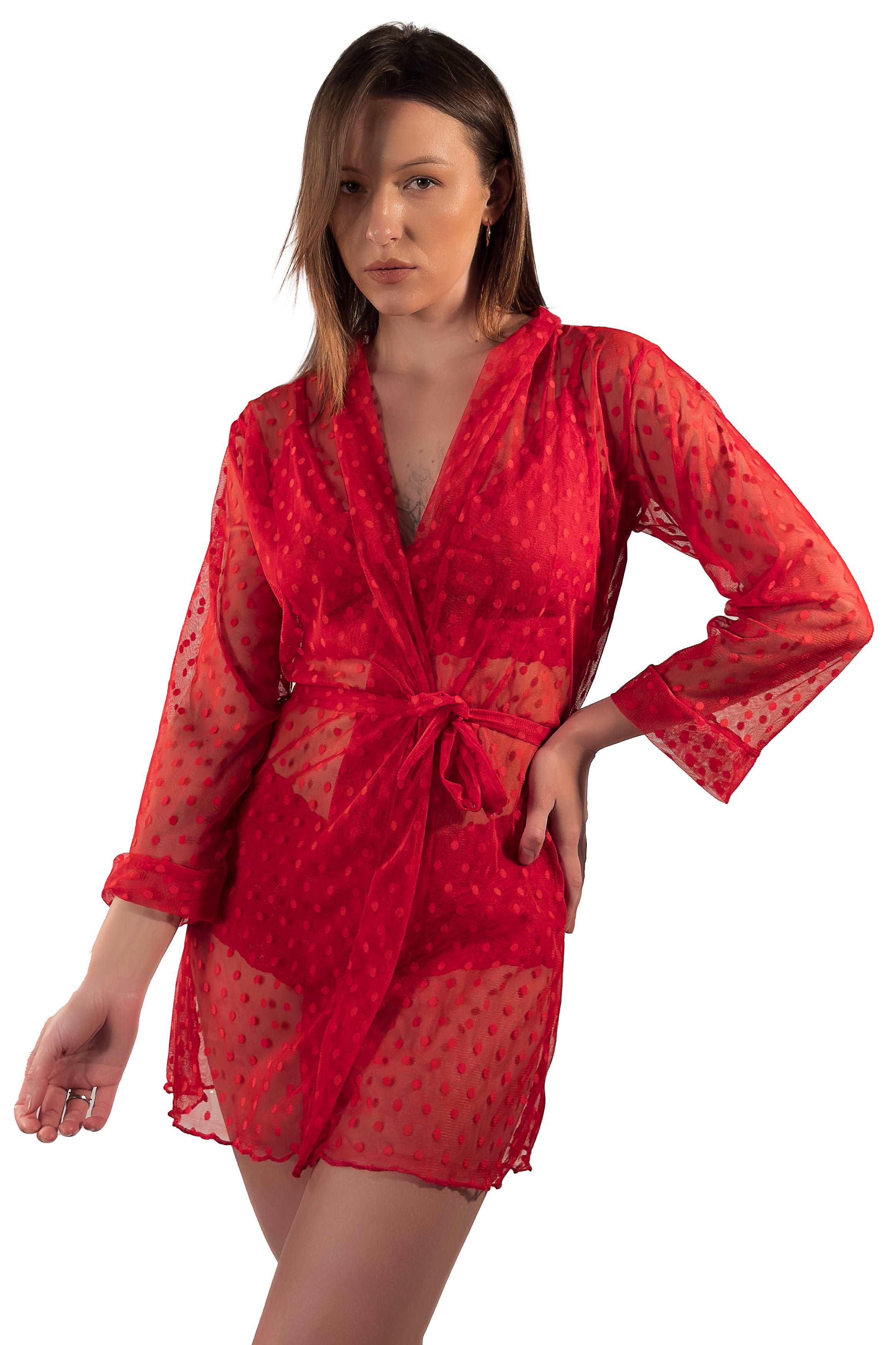 Sultry Red Lace Lingerie and Robe Ensemble