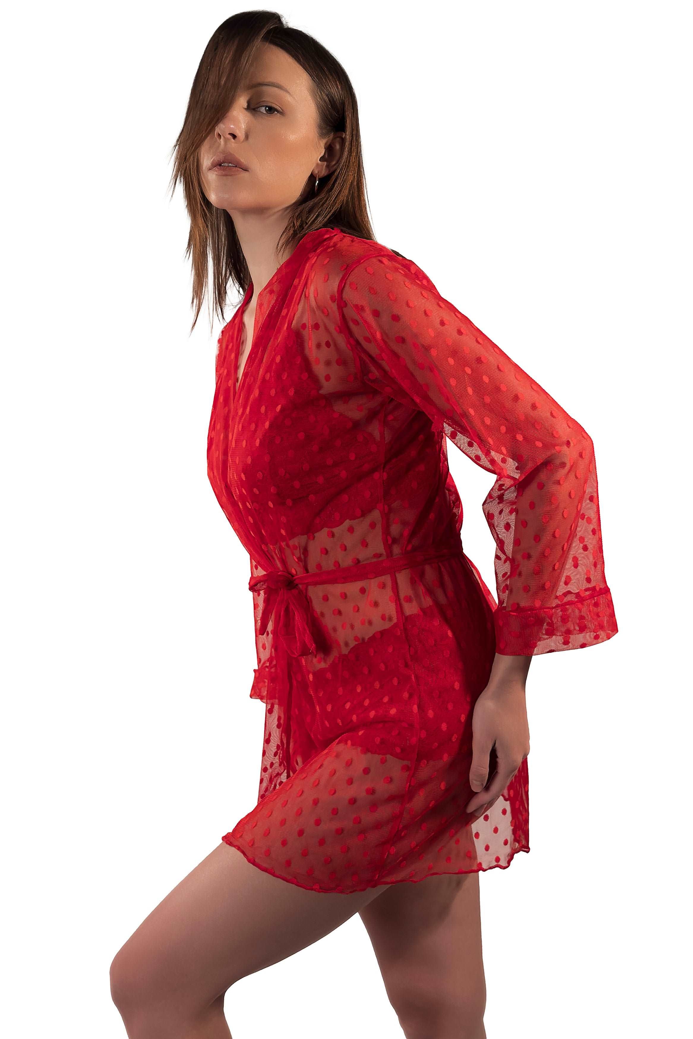 Sultry Red Lace Lingerie and Robe Ensemble